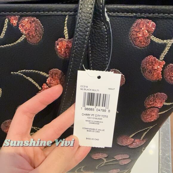 NWT Coach City Tote Bag With Cherry Print CCZ18 Gold/Black Multi - Picture 6 of 7